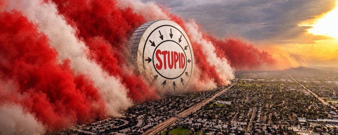 An AI-generated image of a giant bowling ball rolling toward a city, emitting red smoke and labeled "STUPID" instead of a brand name.