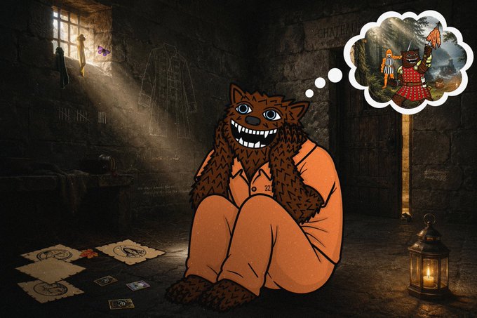 An illustration depicts a smiling, furry brown monster in an orange prison jumpsuit sitting in a dark cell, daydreaming about a fantasy adventure scene in a thought bubble.