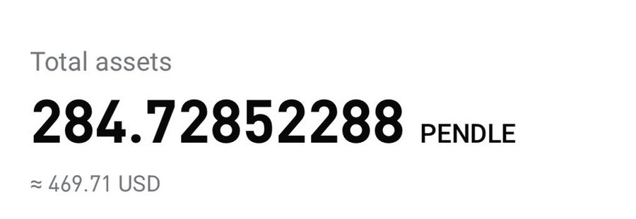The image displays a total assets figure of 284.72852288 PENDLE (≈ $469.71 USD), visually confirming the post's claim of receiving 284 PENDLE Liquidity-Offer incentives this epoch.