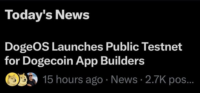 A screenshot of a news post titled 'Today's News' with the headline 'DogeOS Launches Public Testnet for Dogecoin App Builders', posted 15 hours ago with 2.7K posts.
