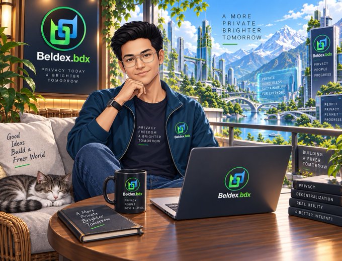 A digitally rendered promotional image for 'Beldex.bdx' showing a young man with glasses sitting at a table with a laptop, coffee mug, notebook, and a sleeping cat, with a futuristic city landscape in the background and slogans like 'PRIVACY TODAY A BRIGHTER TOMORROW'.