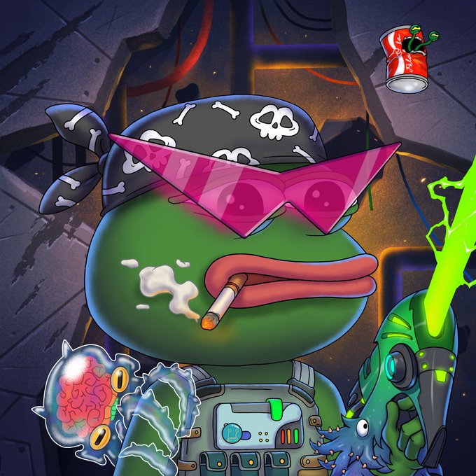 The image features a cartoon frog wearing sunglasses and holding a cigarette while standing next to a robot with a green head. The background of the image shows an industrial setting with a can of soda, possibly a Coca Cola, visible behind them. The caption reads "GN Explorers Style in any corner of the galaxy isn’t something everyone can pull off, but for PEPE, it comes naturally".