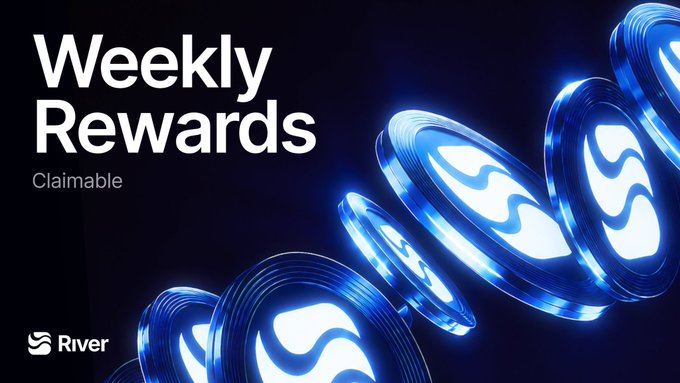 A promotional graphic with 'Weekly Rewards Claimable' text alongside the River logo and several blue glowing coin icons.
