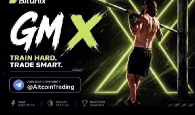 A promotional banner for GMX on Bitunix featuring a muscular man doing pull-ups, with the text 'TRAIN HARD. TRADE SMART.' and a Telegram link '@AltcoinTrading'.