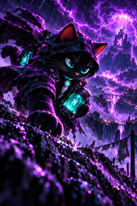 A fantasy digital artwork of a black cat wearing a hooded cloak, holding a glowing cyan gem, with a purple lightning-filled cityscape in the background.