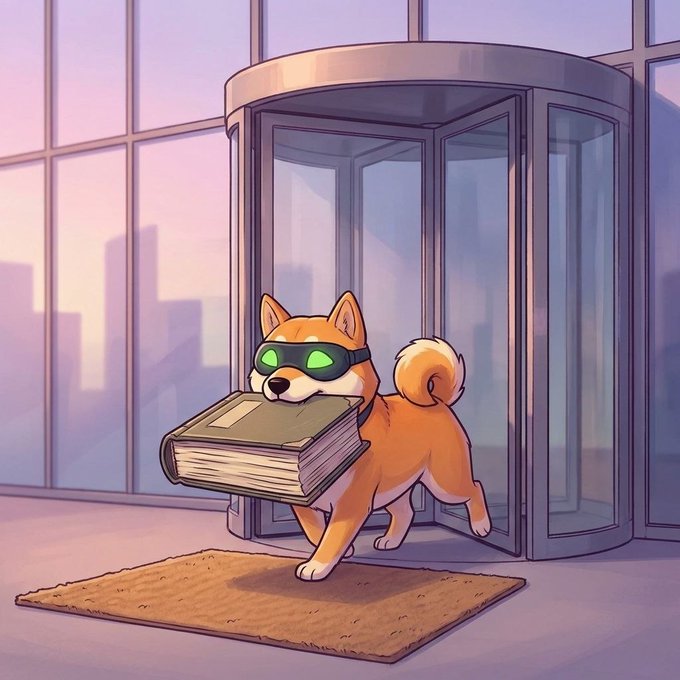 Digital illustration of a Shiba Inu dog wearing green glowing sunglasses, carrying a large thick book in its mouth while stepping out of a revolving glass door in a modern building lobby.