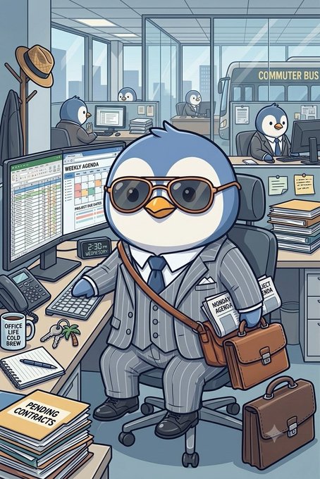 A cartoon illustration of a penguin wearing a pinstripe suit and sunglasses, sitting at an office desk with 'WEEKLY AGENDA' on the monitor, surrounded by stacks of paperwork labeled 'PENDING CONTRACTS'.