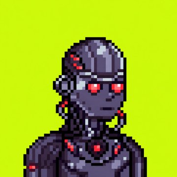 A pixel art image of a dark gray/purple robot or cyborg character with red eyes and red details on a bright lime green background.