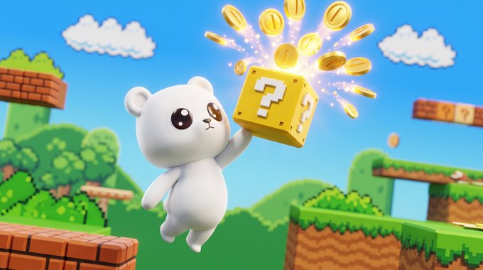 A 3D-rendered white cartoon bear floats in a Super Mario-style platformer landscape, holding up a glowing yellow question mark block surrounded by gold coins.