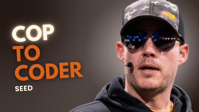 A podcast/video thumbnail titled "COP TO CODER SEED" featuring a man wearing a cap and sunglasses with a headset microphone.