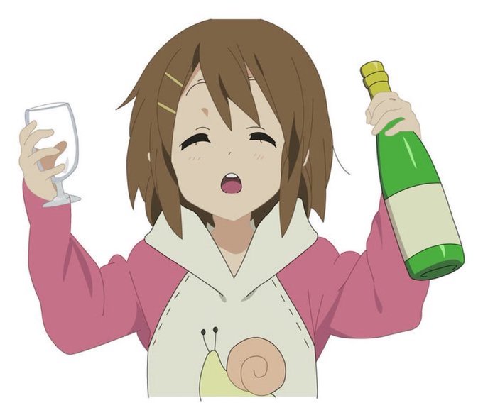 An anime character with short brown hair, hair clips, and a pink outfit with a snail design smiles with closed eyes while holding a wine glass and a green bottle.