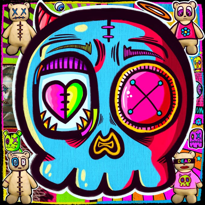 A colorful, cartoon-style digital art piece featuring a large blue skull with mismatched heart and X-shaped eyes, surrounded by small teddy bear characters with stitched features, including one wearing a 'DEAD' headband and skull shirt, set against a vibrant patterned background.