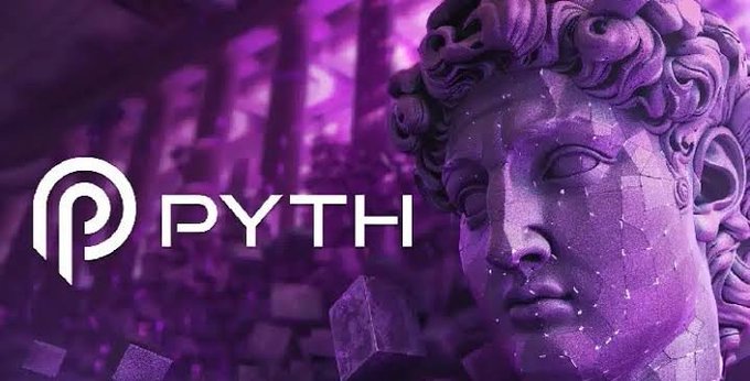 The image features a purple statue of a person's face with a large nose and eyes, which appears to be made out of stone or marble. The background of the image is purple, creating a striking contrast with the statue. In the bottom right corner of the image, there is text that reads "Pyth Network". This suggests that the image might be related to the Pyth network or some other digital platform.
