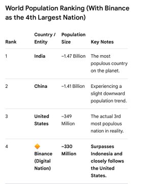 A table titled 'World Population Ranking (With Binance as the 4th Largest Nation)' lists India (~1.47 Billion, most populous), China (~1.41 Billion, slight downward trend), United States (~349 Million, actual 3rd most populous), and Binance Digital Nation (~330 Million, surpassing Indonesia and closely following the US).