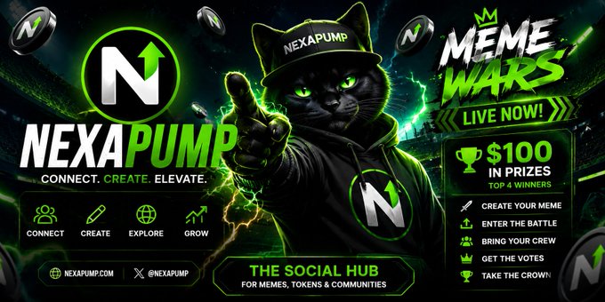 A promotional banner for 'NEXAPUMP' featuring a cat mascot with a 'MEME WARS' competition offering $100 in prizes to top 4 winners, tagged as 'The Social Hub for Memes, Tokens & Communities.'