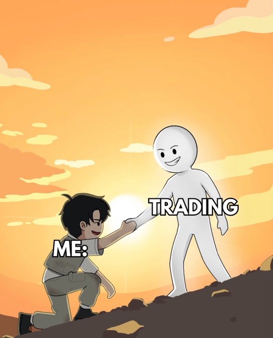 A cartoon-style meme depicting a smaller, excited boy labeled 'ME:' being helped up a hill by a smiling white figure labeled 'TRADING' against an orange sunset sky.