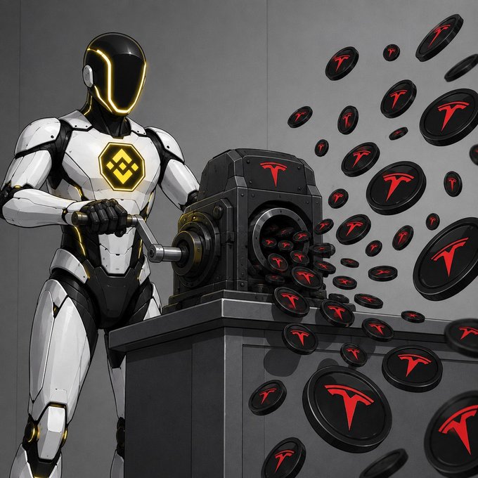 A futuristic white and black robot with a glowing yellow Binance logo on its chest operates a machine that produces numerous black tokens with the red Tesla 'T' logo.