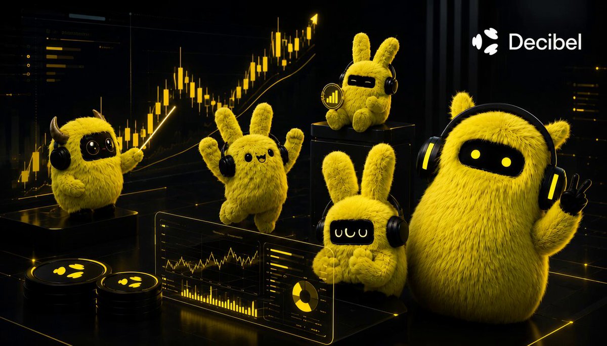 The image shows a lively scene with five yellow fuzzy stuffed animals of different sizes playing together. The small toy rabbit is standing next to a larger one, while two others are sitting beside each other. A third rabbit can be seen walking away from the group towards a set of headphones placed near it. In the background, there's text that says "One thing I like about DecibelTrade is the diversity of markets available in one place". The toys appear to represent various market sectors or themes, such as crypto, equity, and technology, suggesting an artistic representation of financial concepts for a children's toy collection.