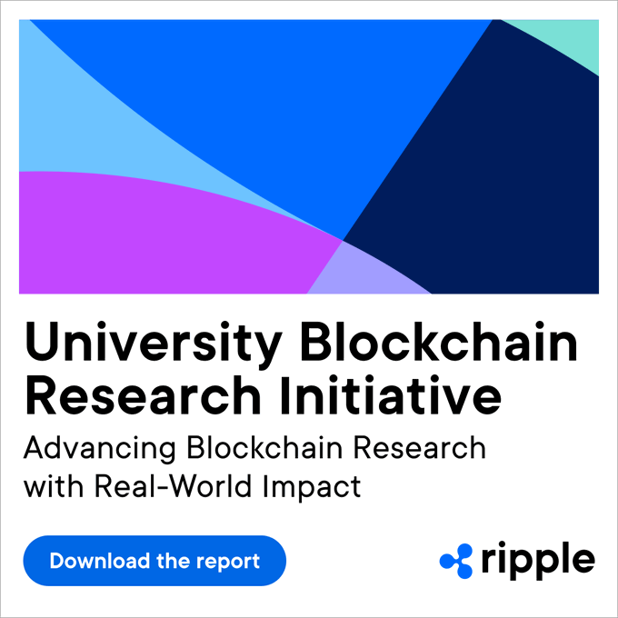 A promotional graphic for the "University Blockchain Research Initiative" by Ripple, with text "Advancing Blockchain Research with Real-World Impact" and a download button.