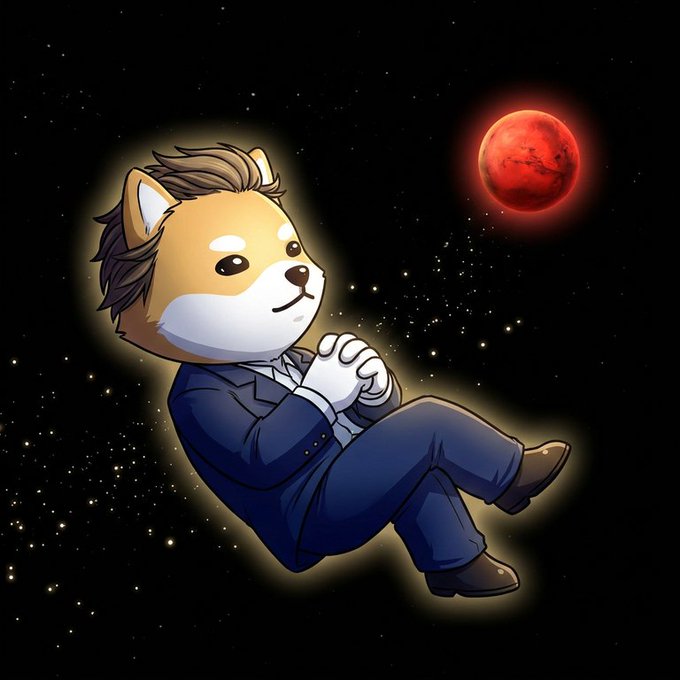The image features a cartoon dog wearing a suit and tie sitting in space with a red planet visible behind him. Below the dog, there's text that reads "The Daily Dogelon - Thursday, June 12th, 2026 Can we kick it, Martians? Yes we can! It'S match-day here at The Daily Dogelon." This post seems to be related to the cartoon image of a dog in a suit and tie sitting in space.
