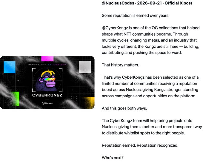 An official X post from @NucleusCodes dated 2026-09-21 announcing a reputation boost for @CyberKongz, featuring the CyberKongz NFT card labeled 'REPUTATION RECOGNIZED.'