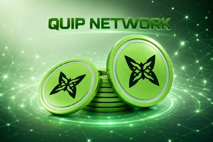 The image features a stack of green coins with black designs on them, placed against a green background that has lines of code or patterns. The text "quip network" is written above the coins, indicating their connection to the Quip Network. The phrase "The future of Web3 will not be built by hype alone. It will be shaped by infrastructure that solves real challenges before they become obvious." suggests a focus on the importance of practical solutions and problem-solving in the development of new technologies like Web3.