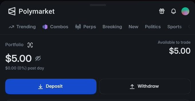 The image shows a Polymarket account dashboard displaying a $5.00 portfolio balance and $5.00 available to trade, with Deposit and Withdraw buttons visible. This directly corresponds to the post announcing the user's $5 deposit as the starting point of their journey to grow the balance to $1,000.