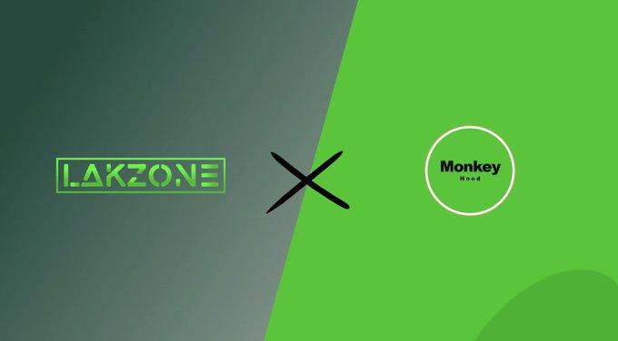 A collaboration announcement graphic featuring the "LAKZONE" logo on a dark green background on the left, an "X" in the middle, and the "Monkey Hood" circular logo on a bright green background on the right. The image visually represents the partnership between Lakzone and MonkeyHood NFT, highlighting their collaboration for the first free NFT collection on Robinhood Chain.
