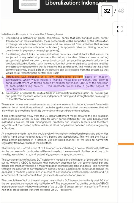 A slide titled "Liberalization: Indonesia" (slide 32/48) highlights a highlighted initiative establishing a cross-border settlement solutions/clearing house/international multilateral platform using modern technologies and token-backed national currencies, CBDCs, and BRICS currencies to facilitate trade and reduce transaction costs. The accompanying post draws a parallel to Pi Network, speculating whether its KYC/AML/compliance framework could align with BRICS' emerging "network of networks" for digital settlement.