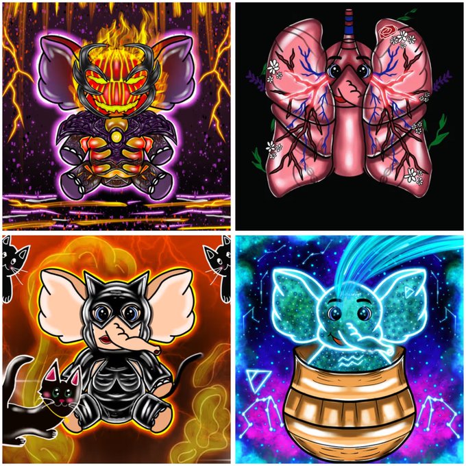 A collage of four stylized digital illustrations featuring a gremlin-like creature with large ears in various forms, including a fiery armored version, lungs with flowers, a baby gremlin with cats, and a sparkling blue gremlin in a wooden pot.
