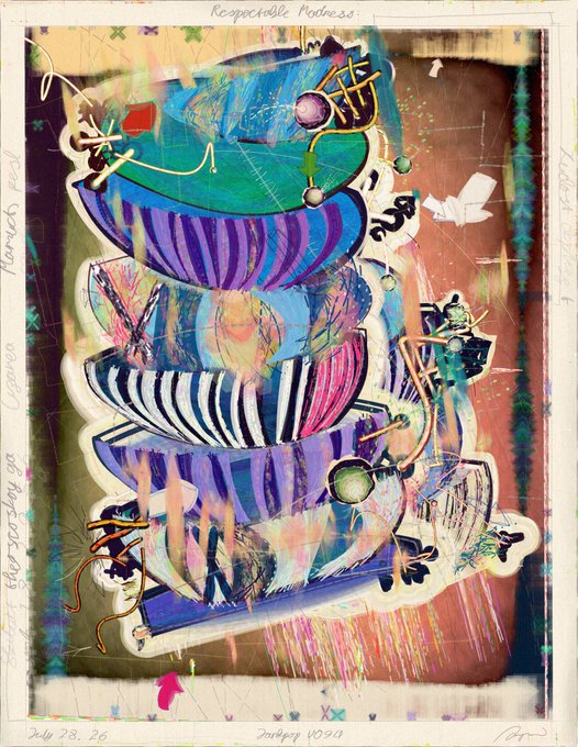 A colorful, abstract mixed-media artwork titled 'Respectable Madness' dated July 28, 26, featuring vibrant blues, purples, and pinks with layered textures and handwritten annotations along the borders.