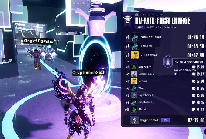 A screenshot from a video game showing a character near a glowing portal, with a leaderboard for 'HV-MTL: FIRST CHARGE' displaying player rankings led by 'futurebucket' with a time of 01:26.19, and the player 'CrypthomeX' at rank 8 with 02:15.66.