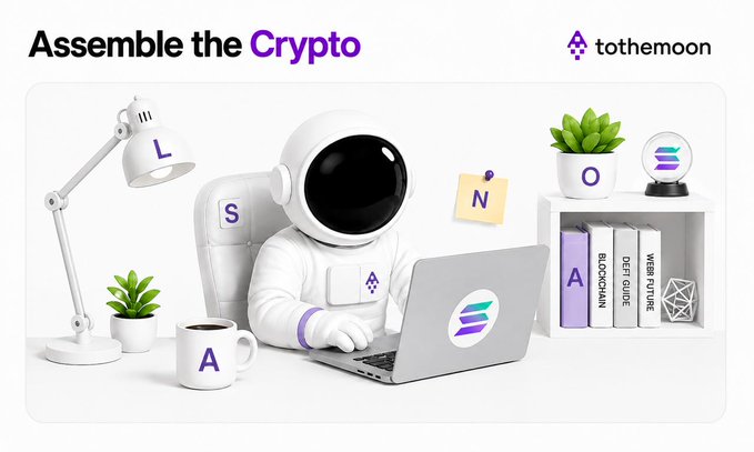 A promotional graphic titled 'Assemble the Crypto' features a 3D astronaut at a laptop with books labeled 'BLOCKCHAIN', 'DEFI GUIDE', and 'WEB3 FUTURE', branded by 'tothemoon'.