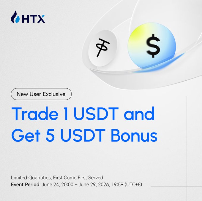 HTX promotional banner offering new users a 5 USDT bonus for trading 1 USDT, with event dates of June 24–29, 2026. The image features the HTX logo, a trade symbol replacing the "A" in "TRADE," and text highlighting "Limited Quantities, First Come First Served."