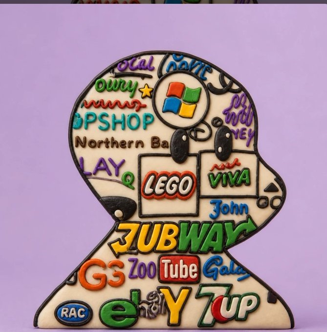 A decorative head-shaped plaque filled with various brand logos including LEGO, Subway, Windows, eBay, 7Up, Tube, and Zoo.
