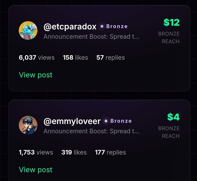 The image shows two Twitter feeds, each displaying information about a different user named @EmmyLoveer and @Bronze. The first feed contains a list of views, likes, and replies for the user, while the second feed provides details on the cost of using their account. Both feeds are in black against a white background, making it easy to read and understand the information provided.