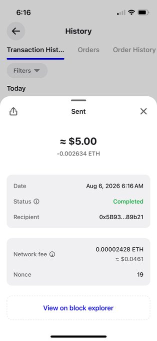 A Coinbase transaction history screenshot shows a completed "Sent" transaction of approximately $5.00 (0.002634 ETH) to address 0x5B93...89b21, posted as a cheerful congratulations likely celebrating a small crypto send—possibly a "breakfast giveaway" or gift to encourage others to join in.
