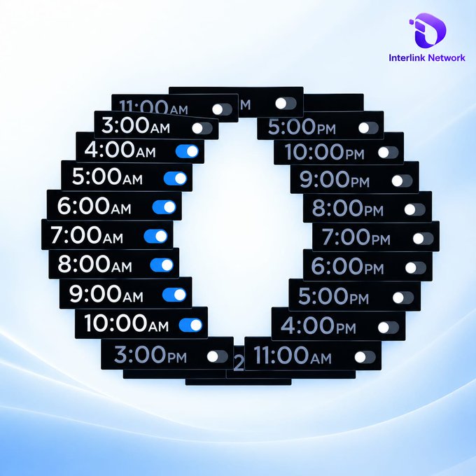 A circular clock face graphic from Interlink Network displaying hours from 1:00 AM to 11:00 PM with toggle switch icons, some set to 'on'.