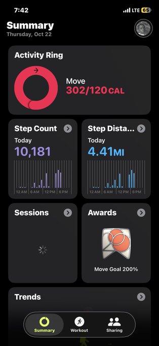 An Apple Fitness summary screen shows an Activity Ring for Move 302/120 CAL, Step Count 10,181, Step Distance 4.41 MI, Sessions, an Awards Move Goal 200% badge, and Trends.