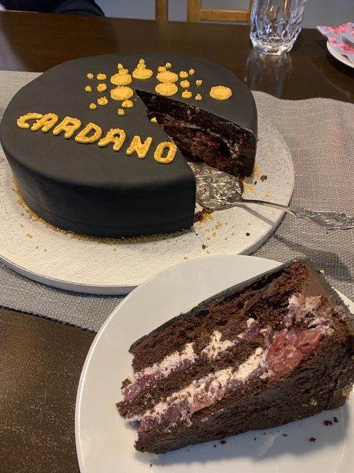 A chocolate cake decorated with the word "CARDANO" and yellow coin shapes, with a slice served on a white plate revealing layers of chocolate, cream, and fruit filling.