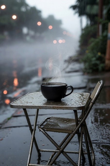 A steaming cup of coffee sits on a small metal table beside a matching folding chair on a rainy outdoor street, with raindrops visible on the surfaces and blurred streetlights glowing in the misty background.