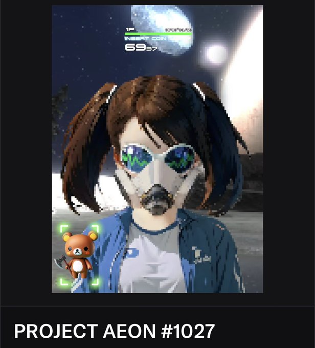 A pixelated game screenshot labeled 'PROJECT AEON #1027' featuring a character with pigtails wearing sunglasses, set against a cosmic background with health bars and a small bear companion.
