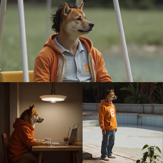A collage of a Shiba Inu dressed in a Bitcoin-themed orange hoodie in various scenes including outdoors and at a table.