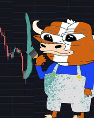 The image features a cartoon bull character dressed in blue overalls, standing against a black background with a white wall behind him. The bull has a paintbrush in his mouth, suggesting that he might be painting something or someone. The caption of the image reads "the eternal battle $MUMU vs $BOBO Live on @Pumpfun soon Migrate before it's too late". This phrase is likely a reference to the ongoing rivalry between the two characters and serves as a reminder for viewers to take action in their own lives, just like the bull character.