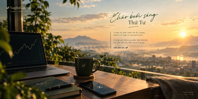 A warm-toned promotional image shows a desk with a laptop displaying stock charts, a mug, notebook, and phone, with text in Vietnamese reading 'Chào buổi sáng Thứ Tư' (Good morning Wednesday) and the Vagibi Capital logo.