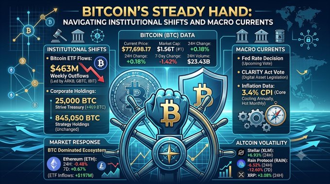 An infographic titled 'BITCOIN'S STEADY HAND: NAVIGATING INSTITUTIONAL SHIFTS AND MACRO CURRENTS' displaying BTC data showing price at $77,698.17 with +0.18% change, plus sections on institutional shifts, market response, and altcoin volatility.