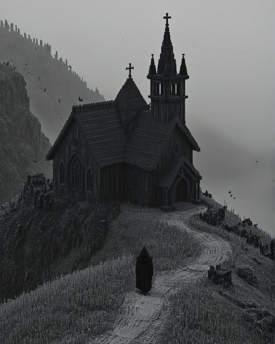 A black and white illustration of a gothic church on a hillside with a winding dirt path leading up to it, featuring a lone cloaked figure walking toward the dark building in a foggy atmosphere.