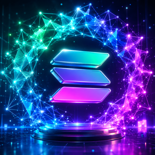 A vibrant digital illustration shows a glowing Solana logo displayed on stacked neon panels, surrounded by a network of connected colorful nodes forming a circular pattern.