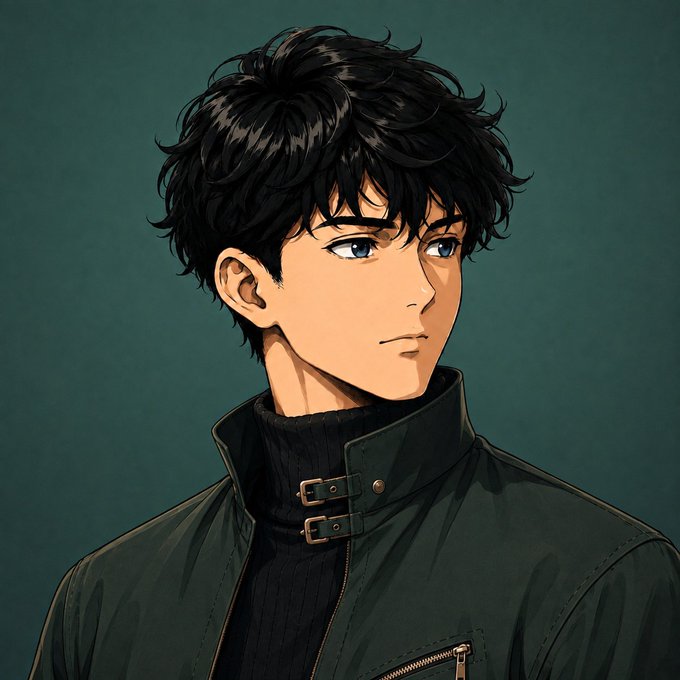 An anime-style portrait of a young man with messy black hair and blue eyes, wearing a black turtleneck under a dark green leather jacket with buckle details, set against a teal background.