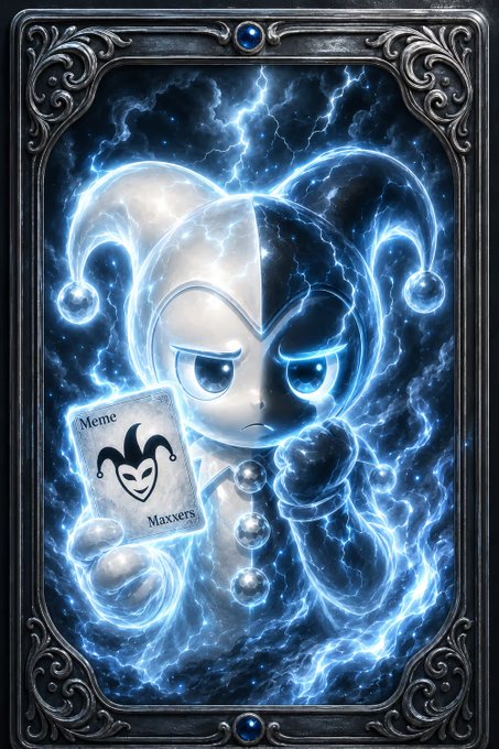 A tarot-style card featuring a jester character with half-black, half-white design, holding a card labeled 'Meme Maxers,' surrounded by electric blue lightning and framed in an ornate silver border.